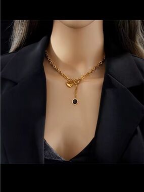 Gold Toggle Chain Necklace with Heart and Black Stone Pendant